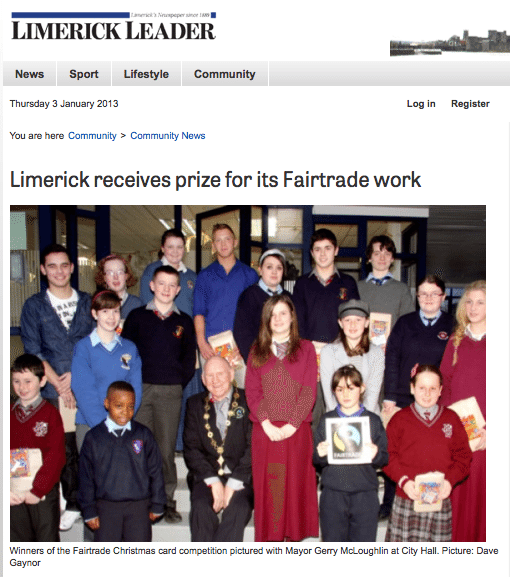 Limerick Leader article about the Fairtrade Christmas Card Competition 2012