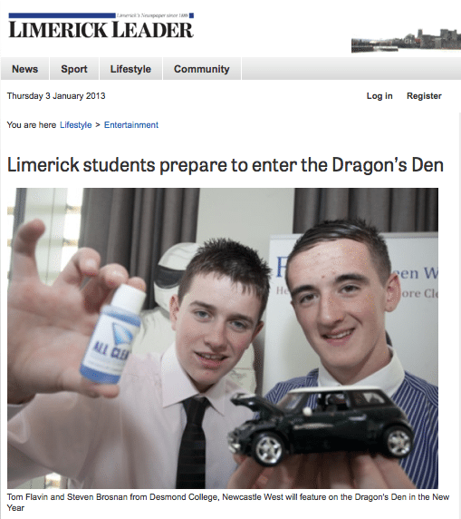 Limerick Leader article and photo of the Desmond College F-21D Transition Year Dragon Den Competitors