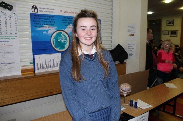 Alice Duffy, presenting her project “Horizon Correction Glasses to Prevent Motion Sickness” at the launch of the Young Scientist Competition in Desmond College.