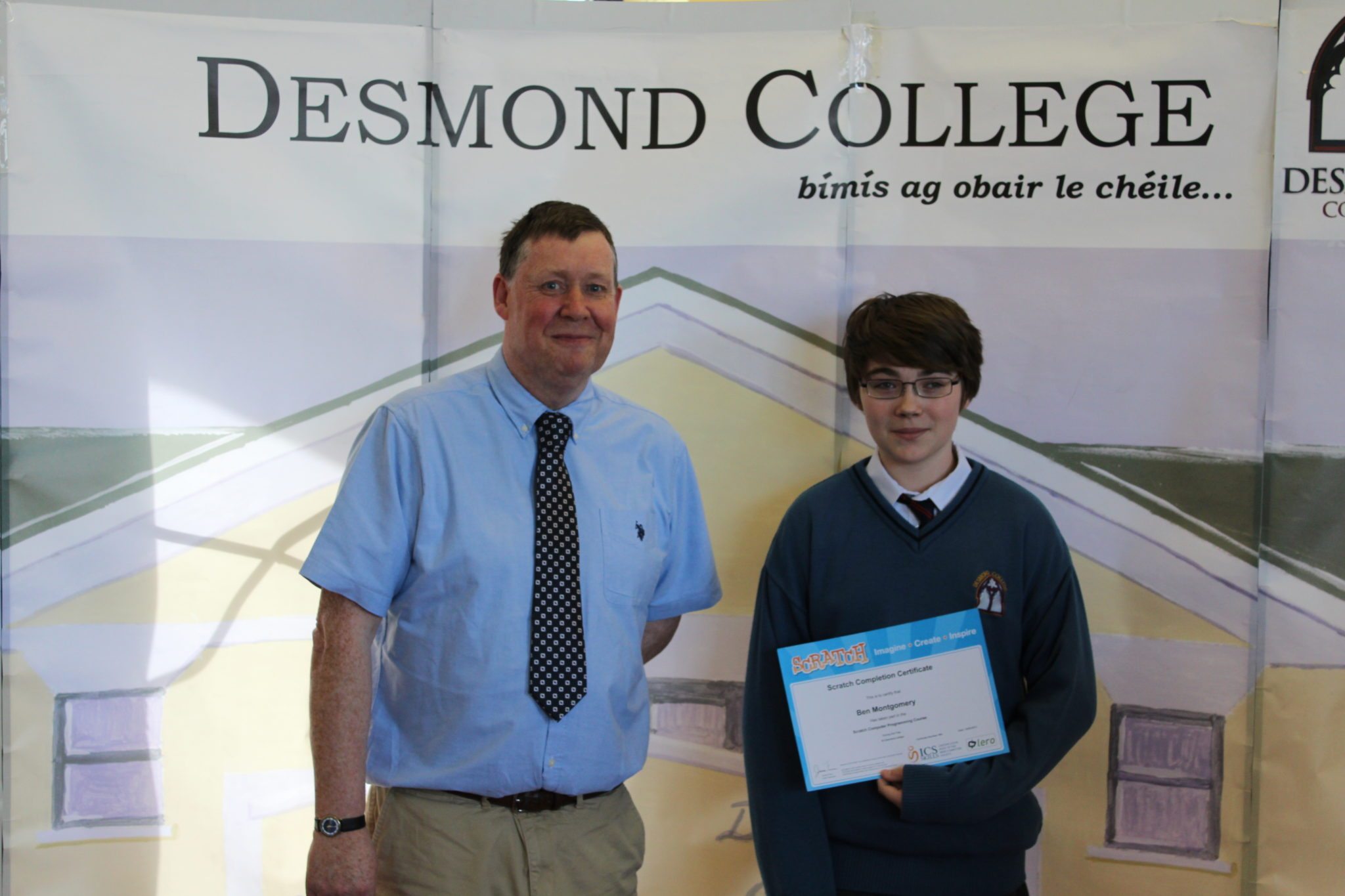Scratch Completion Certificate: Desmond College May 2015: Mr Enright with Ben Montgomery