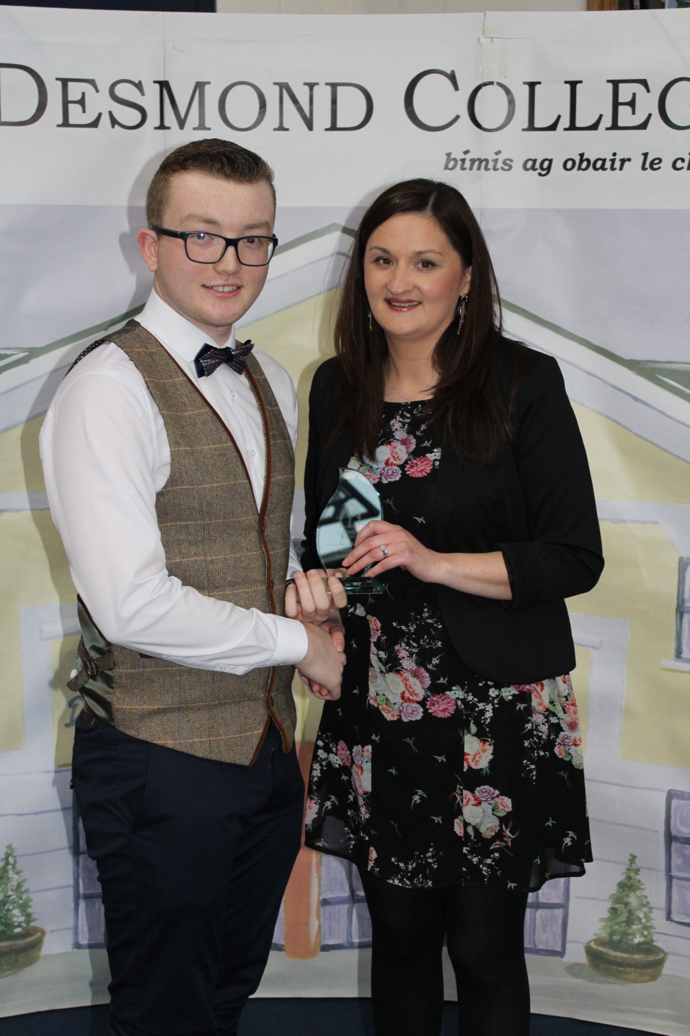 Desmond College Leaving Certificate Graduation 2015: Co-operation and Dilligence Award: Adam Greaney with Ms. O'Mahony