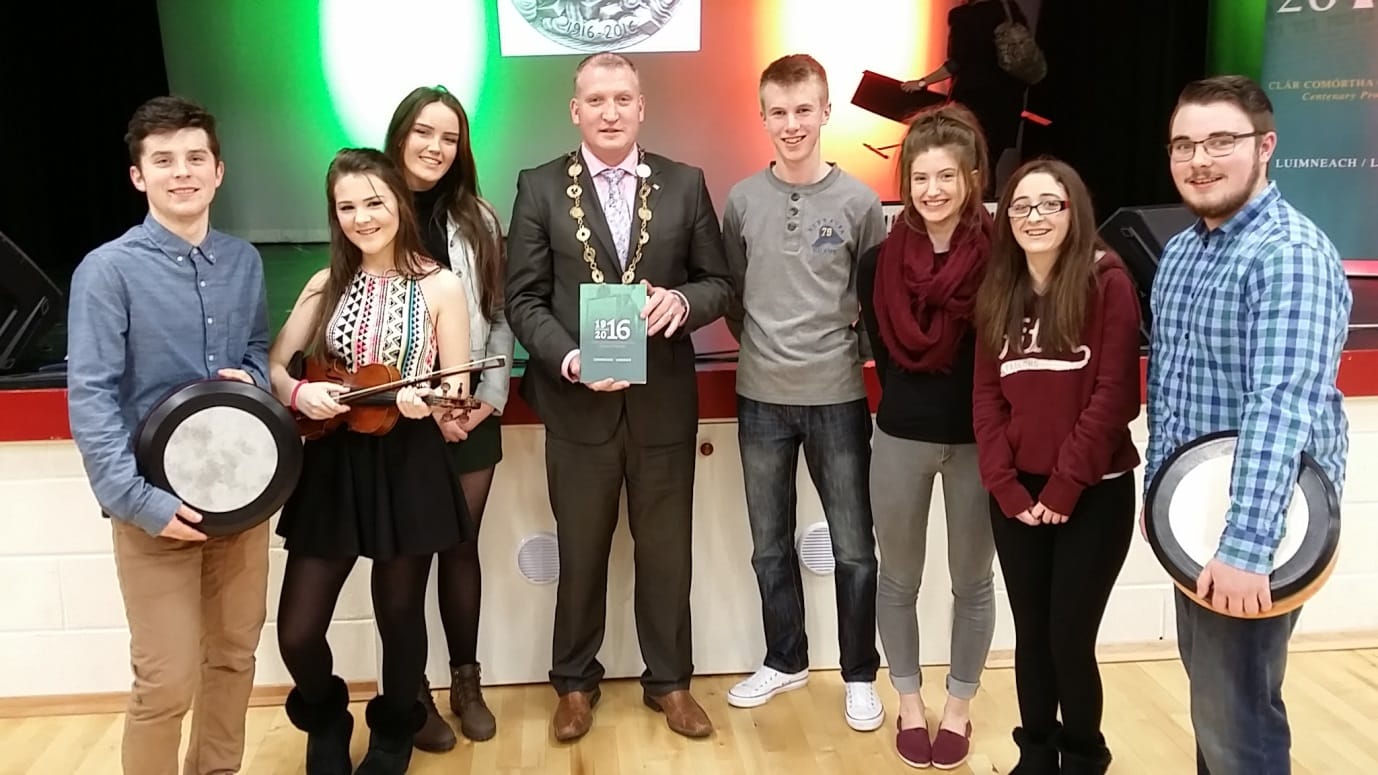 Feb 2016: Desmond College and Gaelcolaiste Ui Chonba students pictured with the Lord Mayor of Limerick after they performed at the 1916 commemoration in Castlemahon.