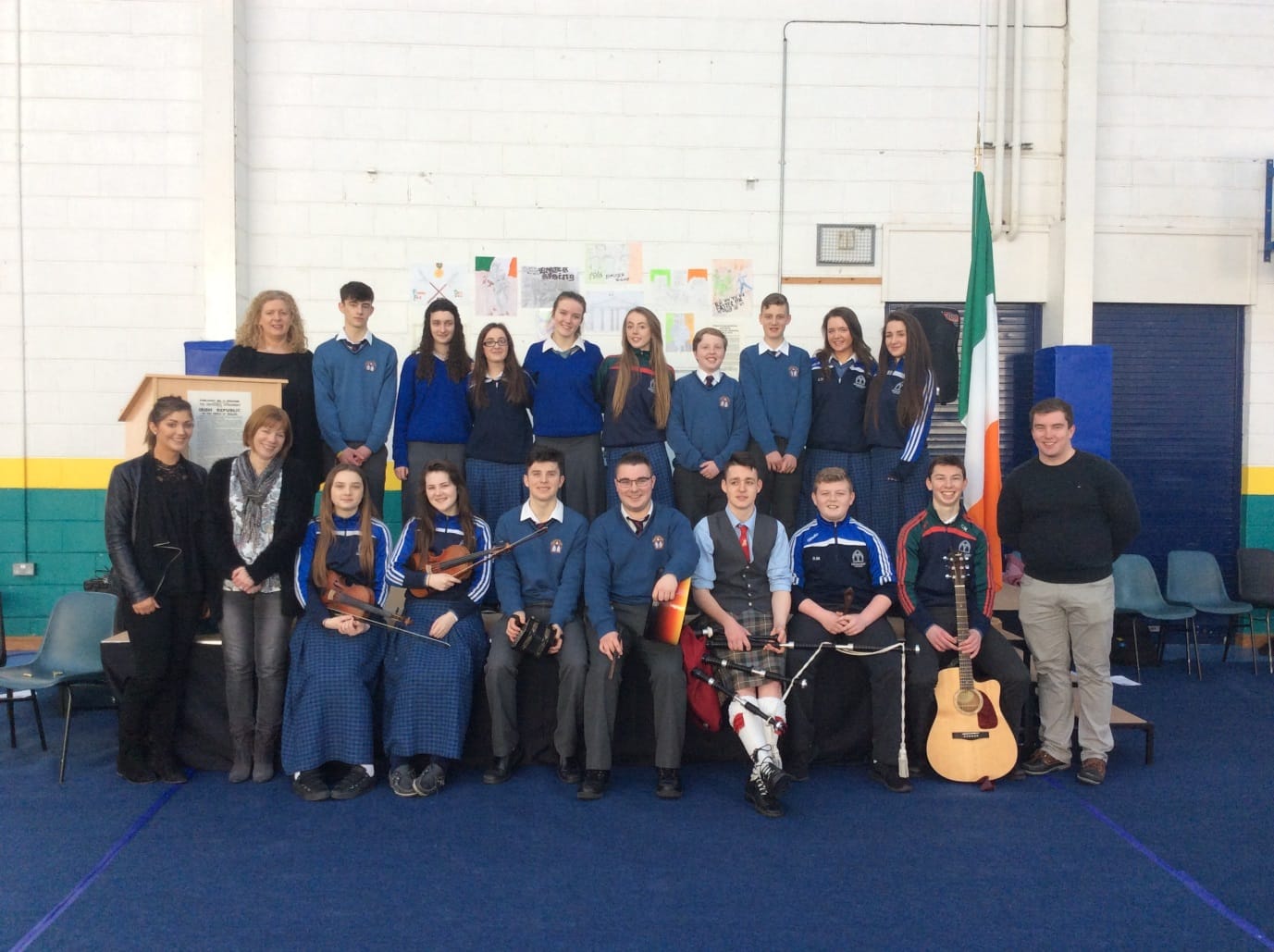 March 2016: Students and staff that performed at the 1916 commemoration ceremony in Desmond College pictured with school principal Ms. Gavin-Barry