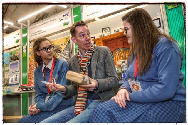 Jan 2017: 5th Year students Jaimie Campbell and Niamh O'Connell having a chat with Ryan Tubridy at the BT Young Scientist Exhibition 2017.