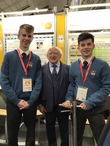Jan 2017: Leaving Certificate Students Jack O'Connor and Diarmuid Curtin pictured with Uachtarán na hÉireann, Michael D. Higgins