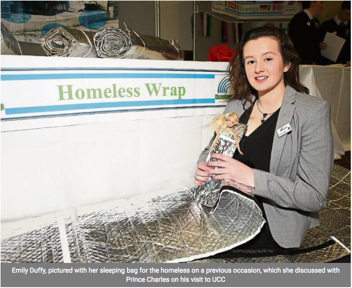 Limerick Leader: Emily Duffy, pictured with her sleeping bag for the homeless on a previous occasion, which she discussed with Prince Charles on his visit to UCC