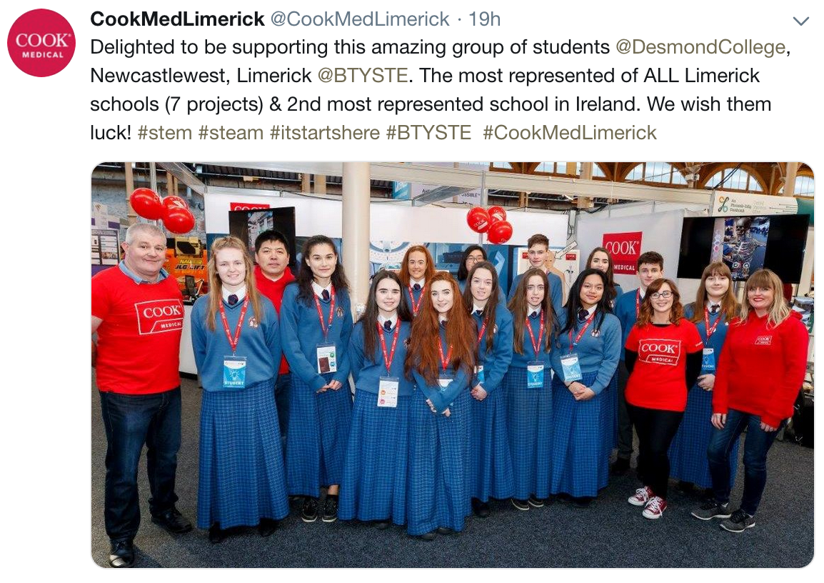 @CookMedLimerick : Delighted to be supporting this amazing group of students @DesmondCollege, Newcastlewest, Limerick @BTYSTE. The most represented of ALL Limerick schools