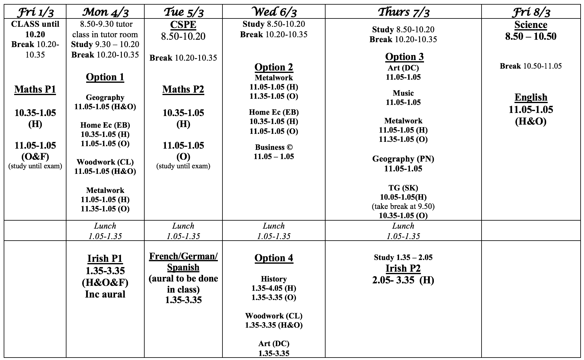 Desmond College Pre-Junior Cert Timetable 2019