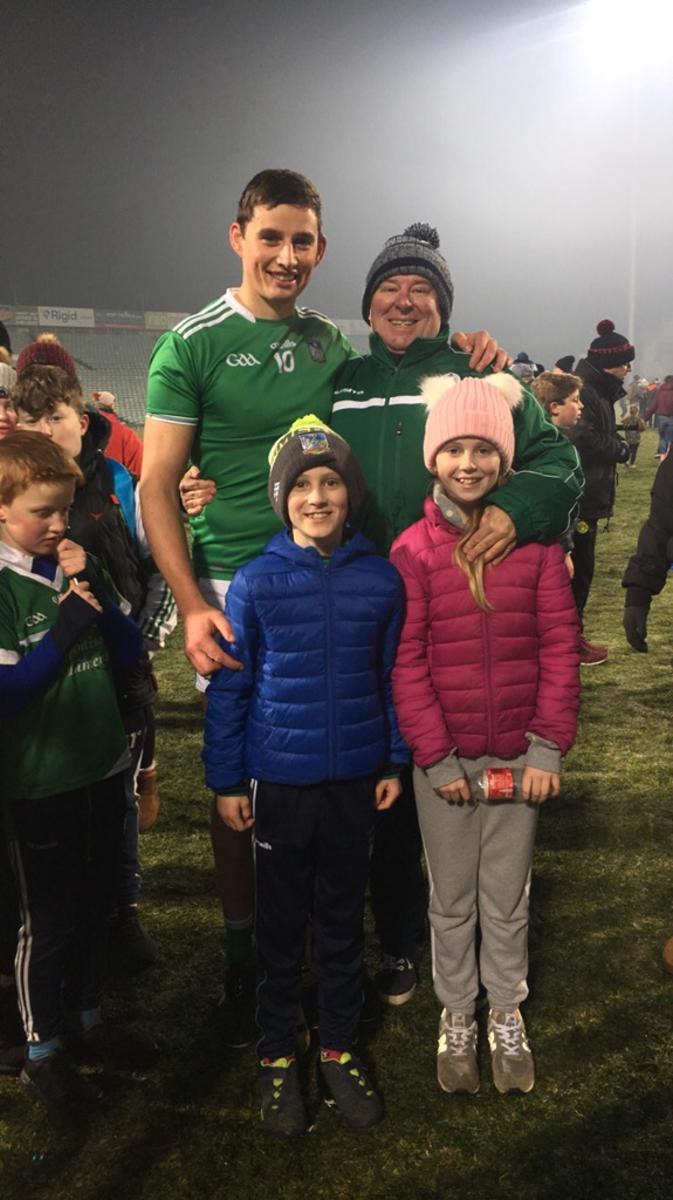 Limerick’s number one fan John English with his kids congratulating Mr Hegarty on a great win over Tipperary in the Gaelic Grounds on Saturday evening