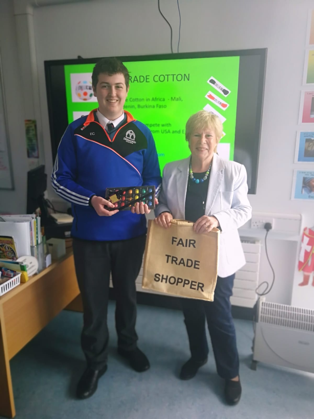 Evan Condon pictured with Dolores O'Meara, Chairperson of Limerick Fairtrade