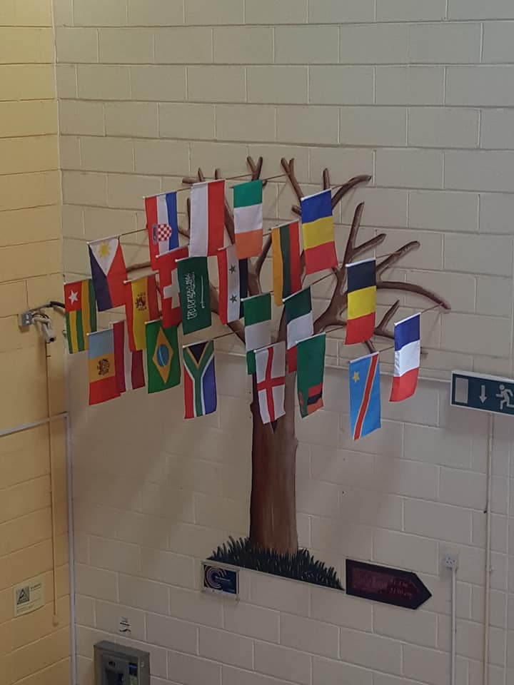 Diversity and Inclusivity Tree on wall in Desmond College showing the flags of all the nationalities attending the school