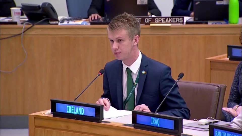 Desmond College Past Pupil Jack O'Connor Addressing the United Nations General Assembly in New York City (seated man wearing suit speaking into microphone)